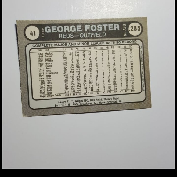 1981 Fleer George Foster MLB Trading Card #41 - Picture 2 of 3
